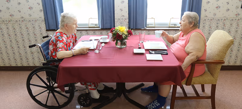 Two elderly women sitting across from each other at a dining table with a red tablecloth. One woman is in a wheelchair wearing a red floral dress, and the other woman is seated in a cushioned chair wearing a pink sleeveless top and blue socks. There is a flower arrangement in the center of the table and windows with blue curtains in the background.