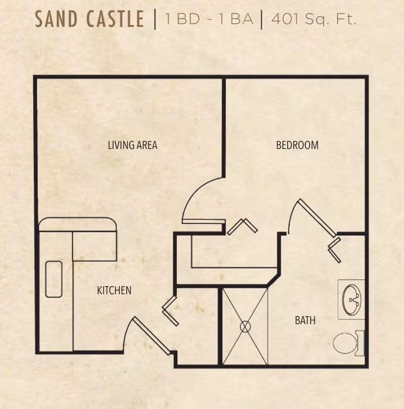 Floor plan of a one-bedroom, one-bath apartment named Sand Castle with 401 square feet. The layout includes a living area, kitchen, bedroom, and bathroom with a shower, sink, and toilet.
