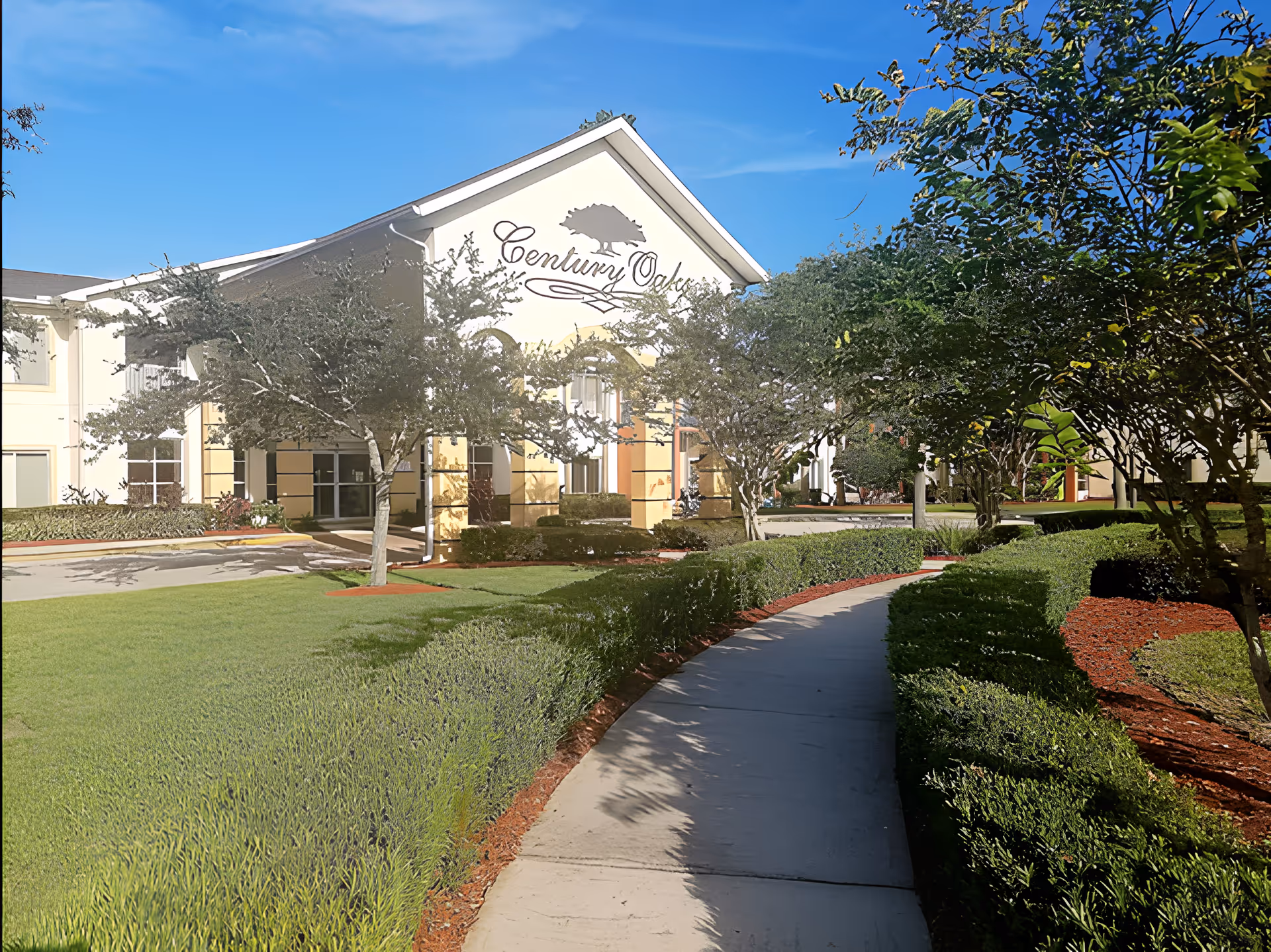 Exterior view of Century Oaks facility with a clear blue sky, a paved walkway bordered by neatly trimmed bushes and trees, and a well-maintained lawn.