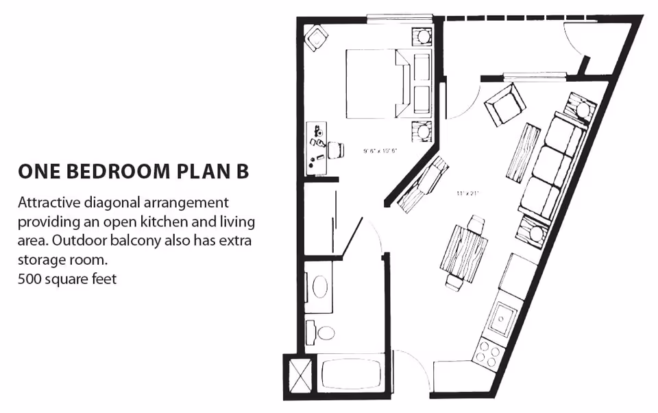 Floor plan of a one-bedroom apartment labeled Plan B, featuring an open kitchen and living area with a diagonal layout, a bedroom, a bathroom, and an outdoor balcony with extra storage. The total area is 500 square feet.