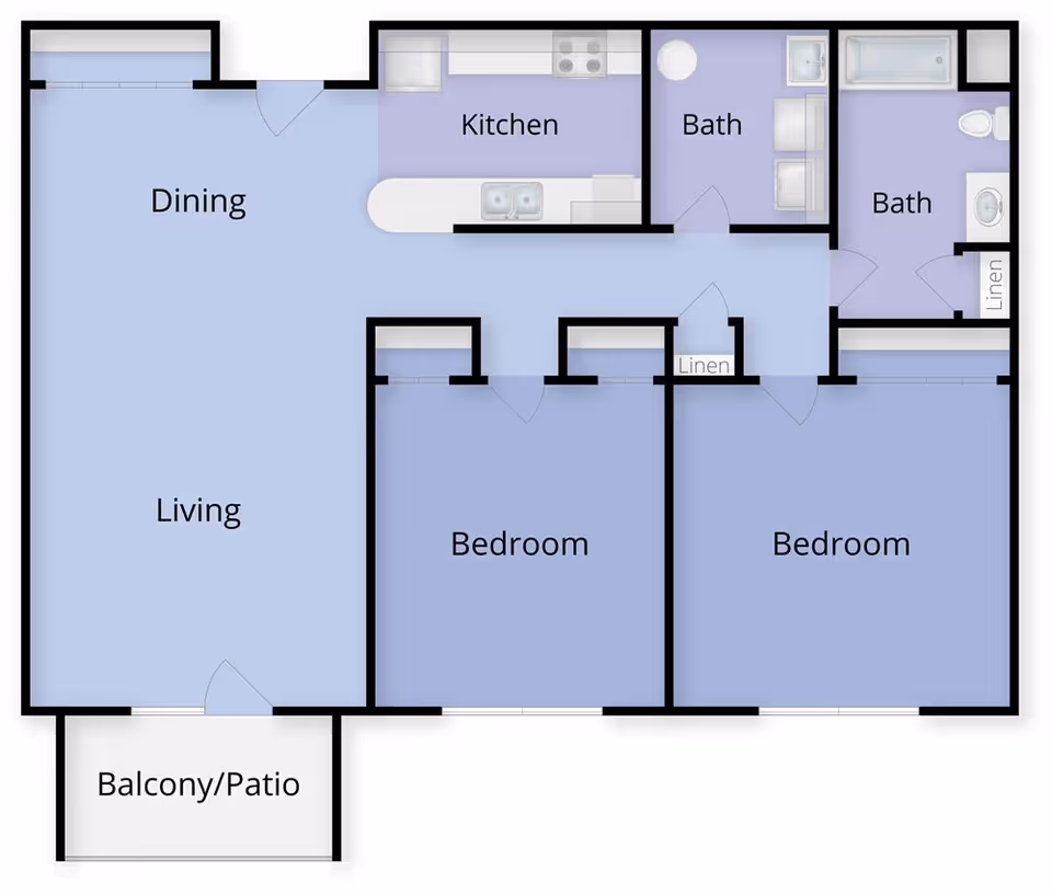 Floor plan layout of a senior living apartment at Juniper Village at Brookline Senior Living, showing two bedrooms, two bathrooms, a kitchen, dining area, living room, and a balcony/patio.