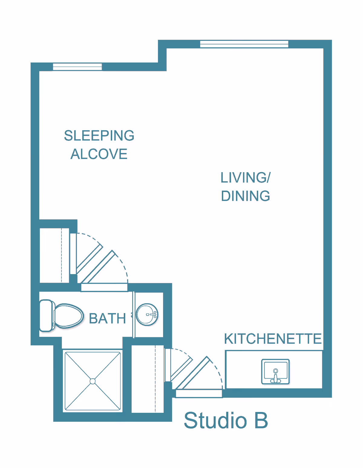 Floor plan of a studio apartment labeled Studio B, showing a sleeping alcove, living/dining area, kitchenette, and a bathroom with a toilet, sink, and shower.
