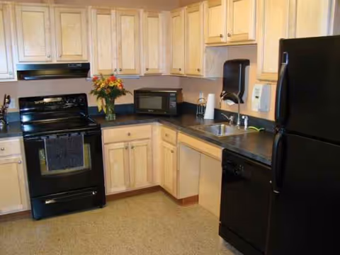 Compact kitchen with light wood cabinets, black appliances, sink, microwave, and a flower vase.