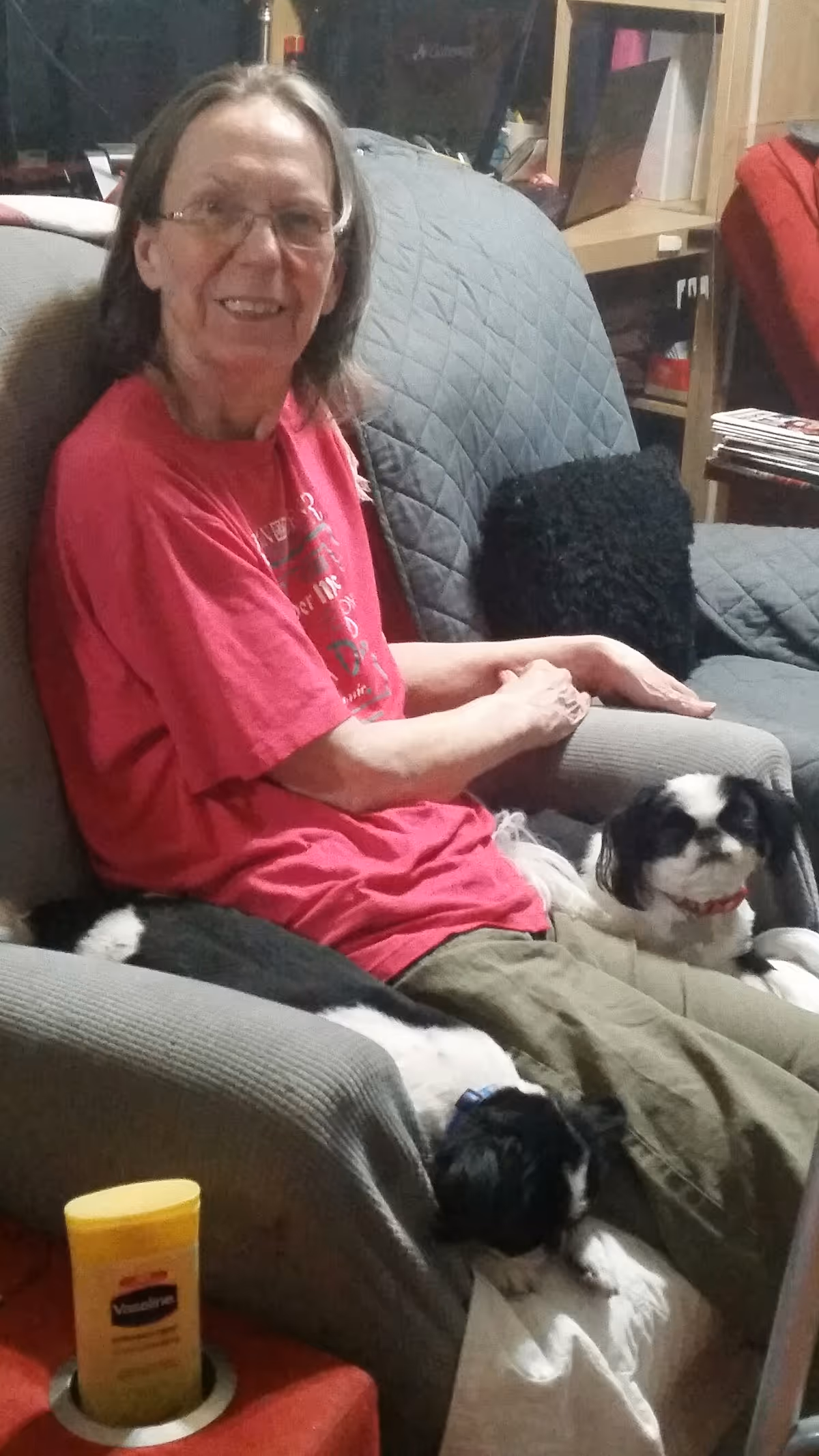 An elderly woman wearing glasses and a red shirt sits comfortably in a gray armchair with two small black and white dogs resting on her lap and beside her. The setting appears to be a cozy living room with shelves and various items in the background.