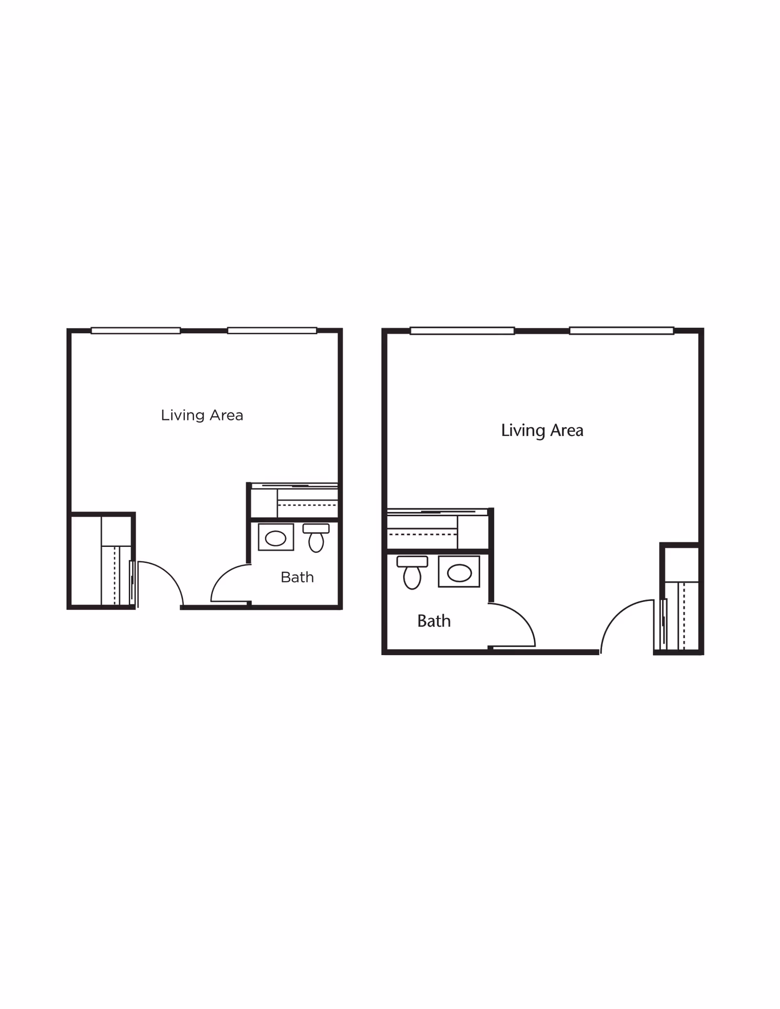 Two simple architectural floor plans showing layouts with a living area and a bathroom in each. Both plans include a door, a toilet, and a sink in the bathroom area.