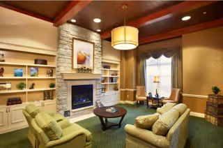 A cozy living room with green upholstered sofas and armchairs arranged around a wooden coffee table. The room features a stone fireplace with a framed picture above it, built-in shelves with decorative items, a large window with curtains, and warm lighting from ceiling fixtures and a table lamp.