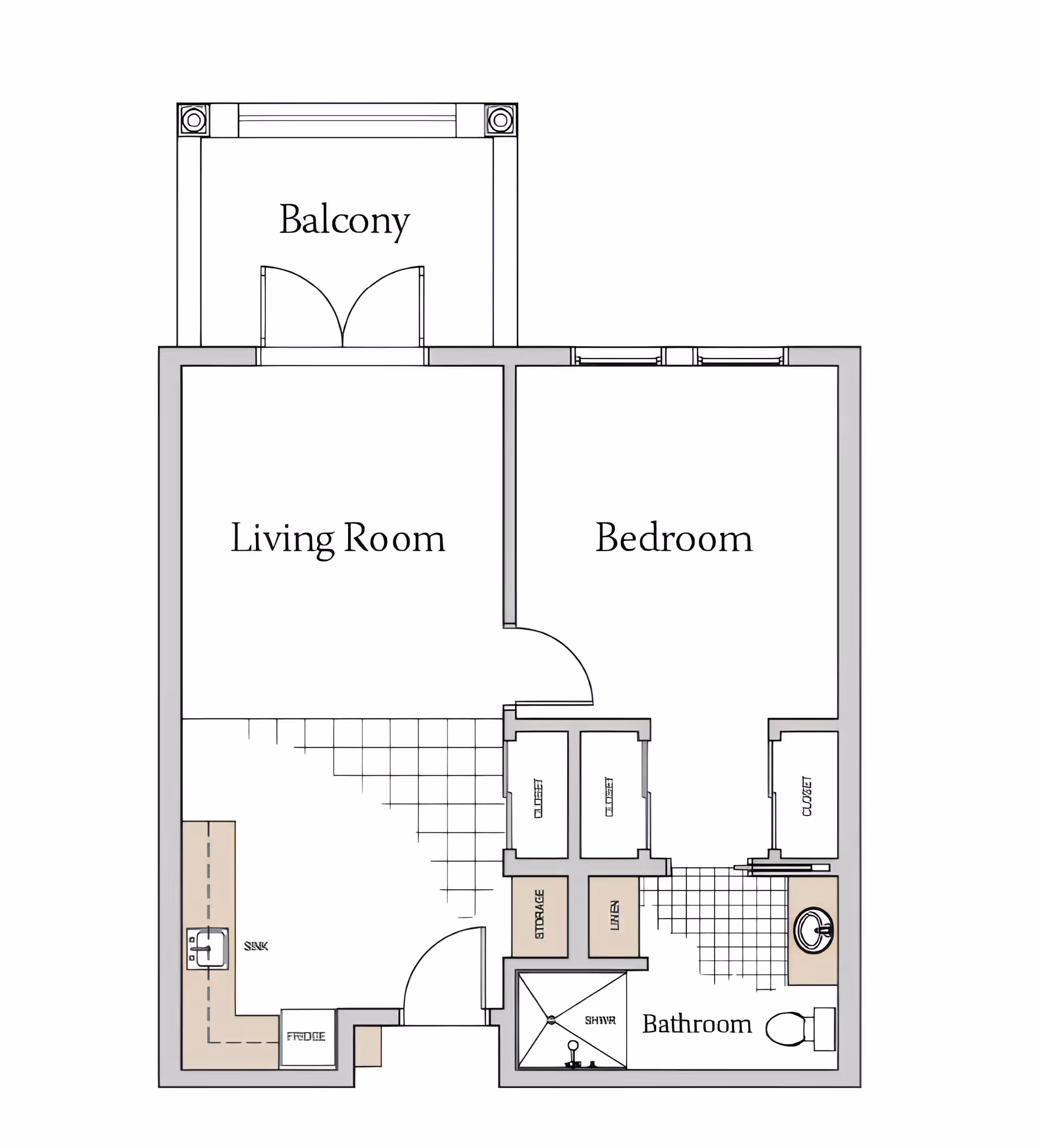 Floor plan of a senior living unit at Villa Lorena Senior Living showing a balcony, living room, bedroom, bathroom with shower, toilet and sink, and storage closets.