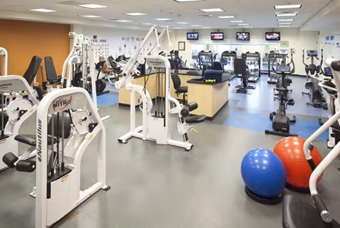 Bright, well-equipped fitness room with weight machines, treadmills, and exercise balls.