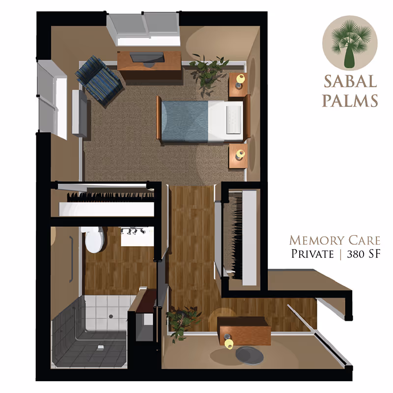 Top-down floor plan illustration of a 380 sq ft private memory care studio showing a bedroom with bed and chair, bathroom with shower, closets, and entry area.