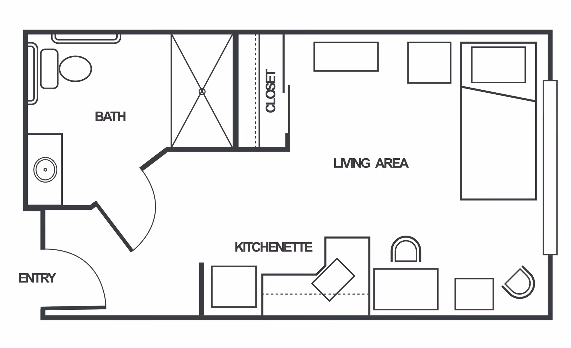 Floor plan of a small living space at Truewood by Merrill, First Hill, showing an entry leading to a bath with toilet and sink, a kitchenette area, a closet, and a living area with a bed, seating, and a table.