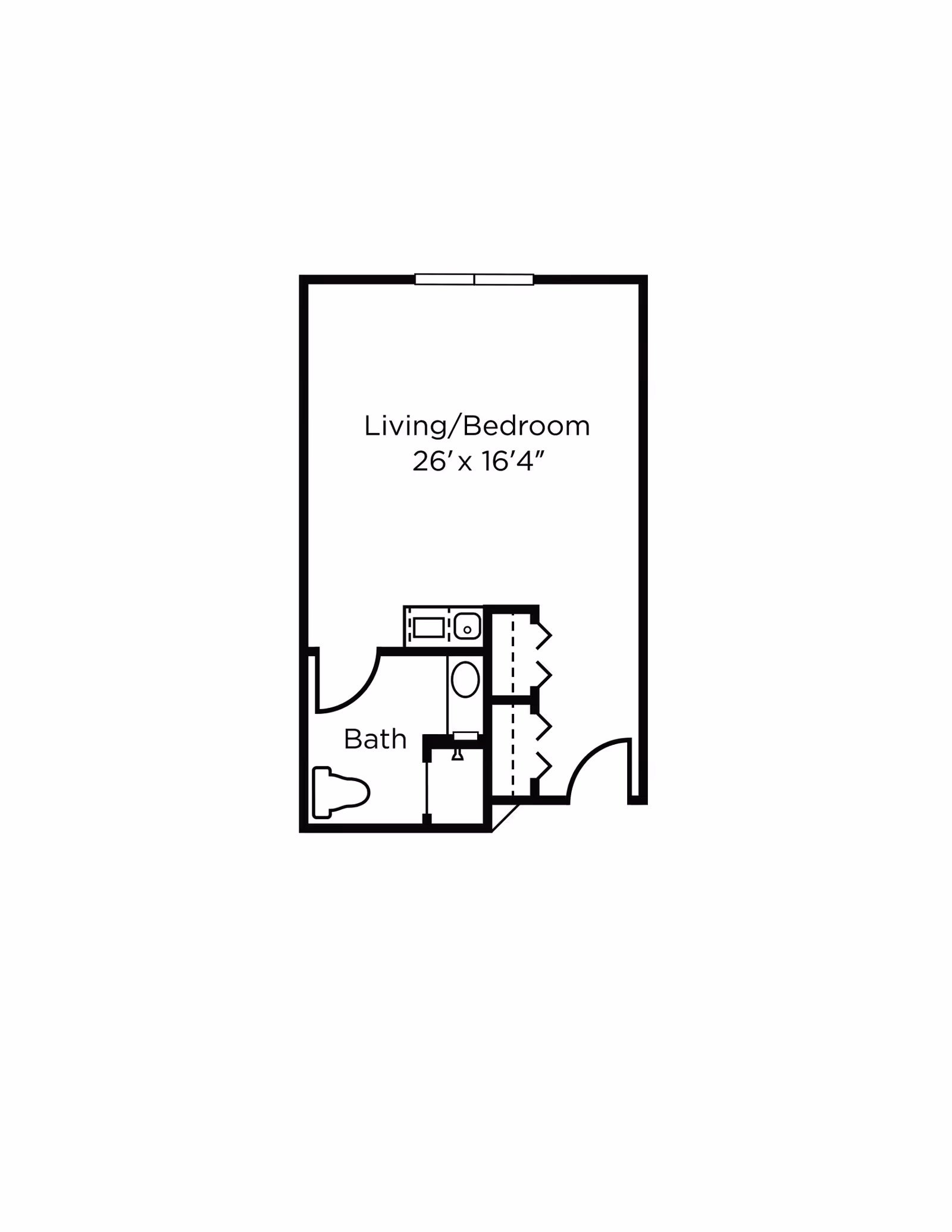 Architectural floor plan showing a studio apartment layout with a combined living and bedroom area measuring 26 feet by 16 feet 4 inches, a bathroom, and a small kitchen area.
