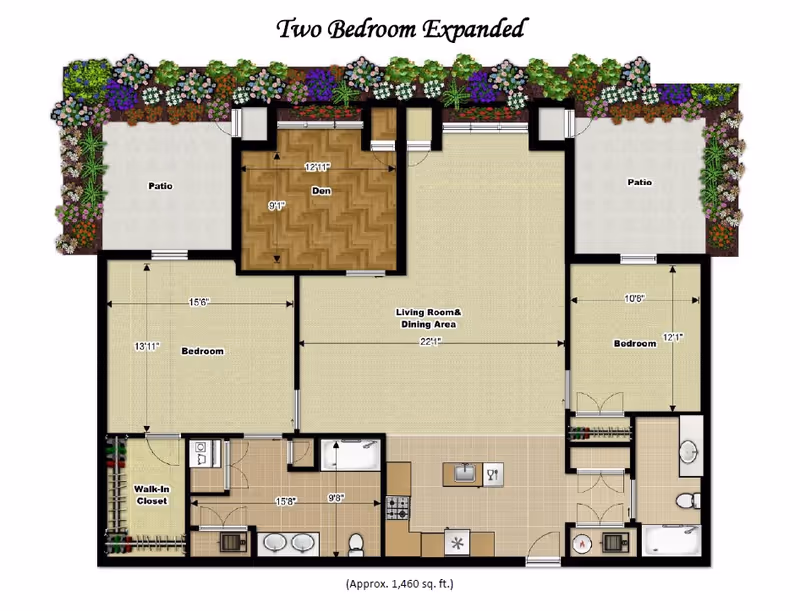Floor plan titled 'Two Bedroom Expanded' showing a layout with two bedrooms, a den, a living room and dining area, a kitchen, two patios, two bathrooms, and a walk-in closet. The total area is approximately 1,460 square feet. The plan includes measurements for each room and decorative plants along the top edge.