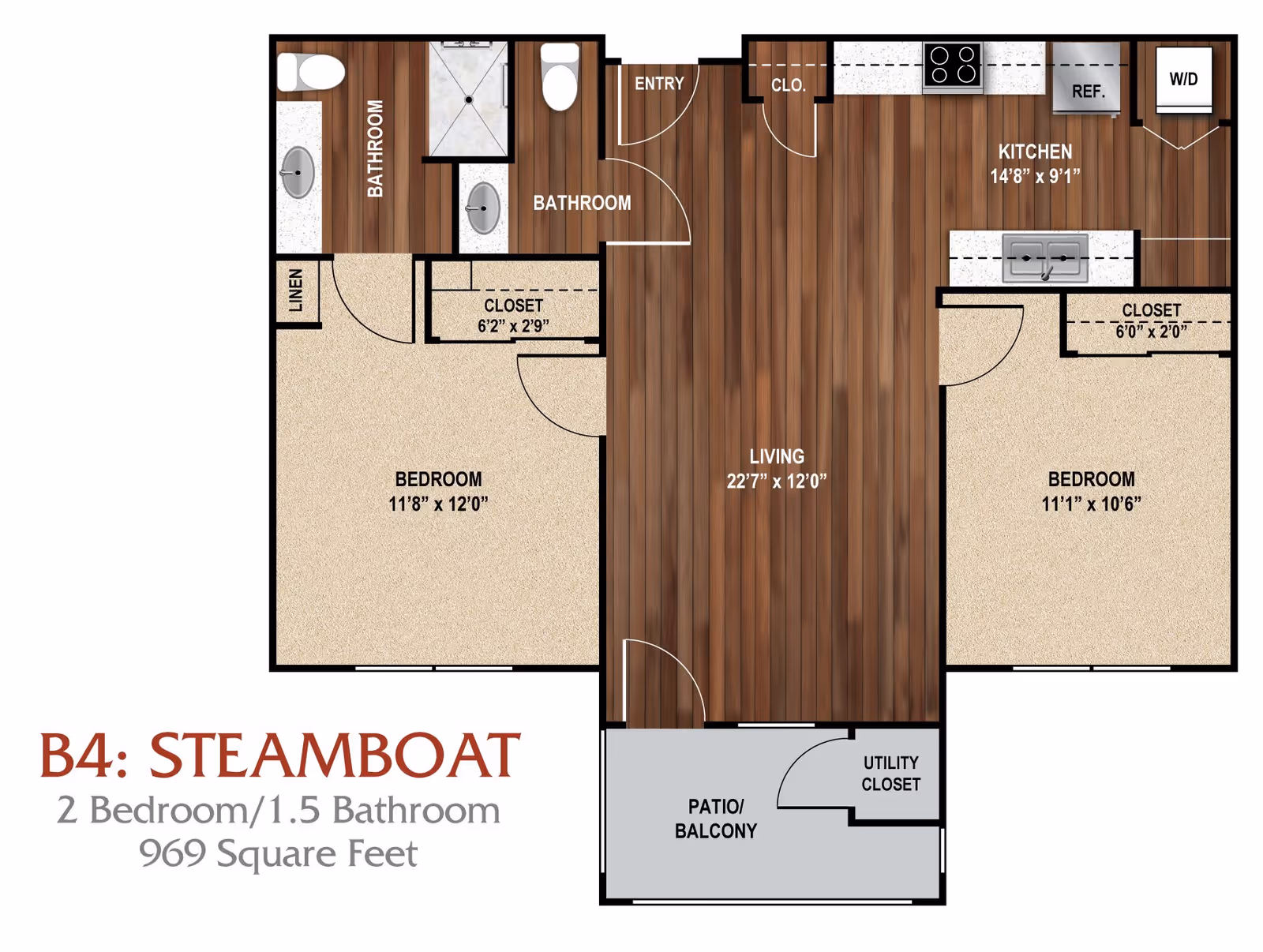 Floor plan of a 2 bedroom, 1.5 bathroom apartment named B4: Steamboat at Aspen Ridge Active Adult Community, showing dimensions and layout including living room, kitchen, bedrooms, bathrooms, closets, patio/balcony, and utility closet.