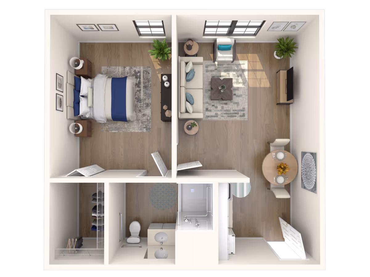 Top-down view of a one-bedroom apartment layout showing a bedroom with a bed and nightstands, a living room with sofa, armchair, coffee table, TV, and dining table with two chairs. There is also a bathroom with a toilet, sink, and shower, and a closet with hanging clothes.