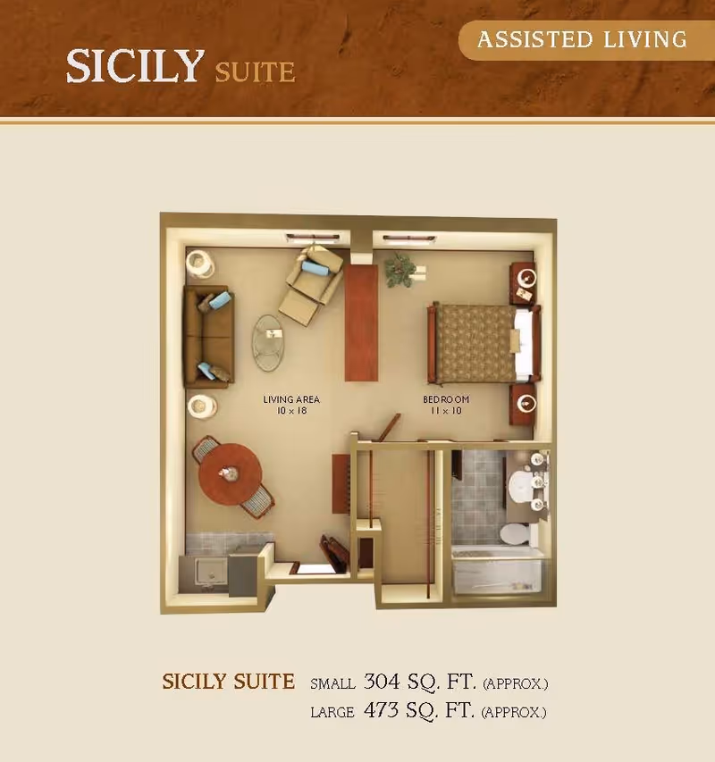 Floor plan of the Sicily Suite at Mirabella Assisted Living & Memory Care, showing a living area with sofa, chair, and table, a bedroom with a bed and nightstands, a bathroom with a sink, toilet, and bathtub, and a small kitchen area. The living area measures 10 by 18 feet, and the bedroom measures 11 by 10 feet. The suite size is approximately 304 to 473 square feet.