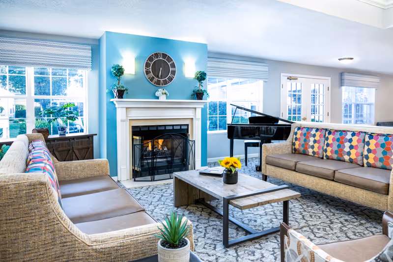 A bright and cozy living room with two wicker sofas featuring colorful geometric patterned cushions, a wooden coffee table with a small potted plant and a book, a fireplace with a clock and two small plants on the mantel, large windows letting in natural light, and a black grand piano near the windows.