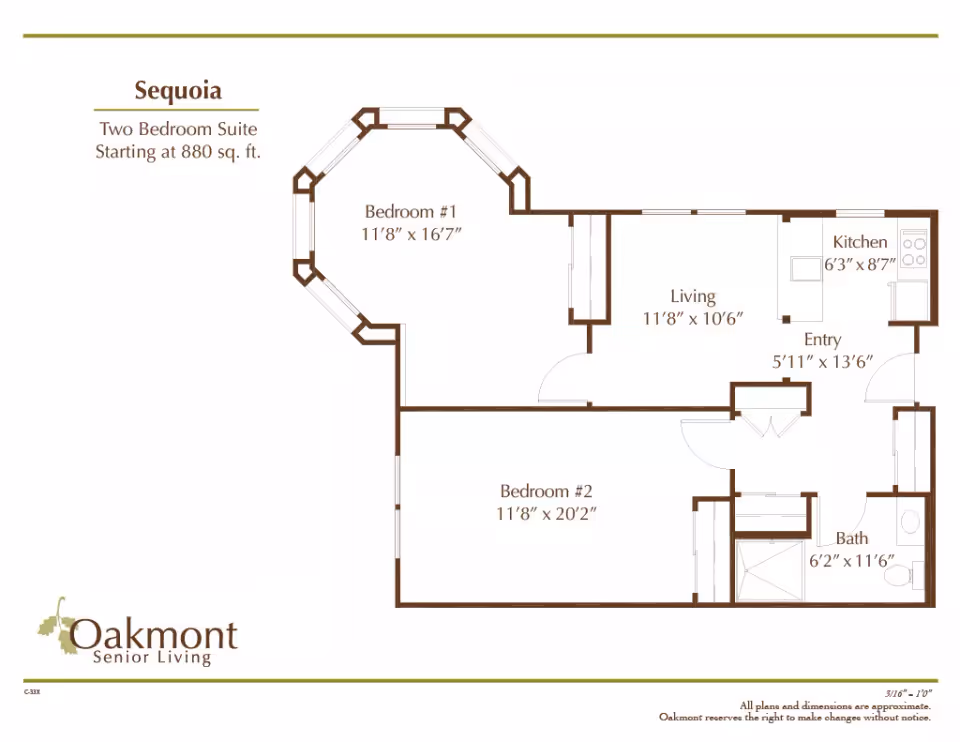 Floor plan of Sequoia, a two-bedroom suite starting at 880 square feet at Oakmont Senior Living. The layout includes Bedroom #1 measuring 11'8" x 16'7", Bedroom #2 measuring 11'8" x 20'2", a living area measuring 11'8" x 10'6", a kitchen measuring 6'3" x 8'7", an entry area measuring 5'11" x 13'6", and a bathroom measuring 6'2" x 11'6".
