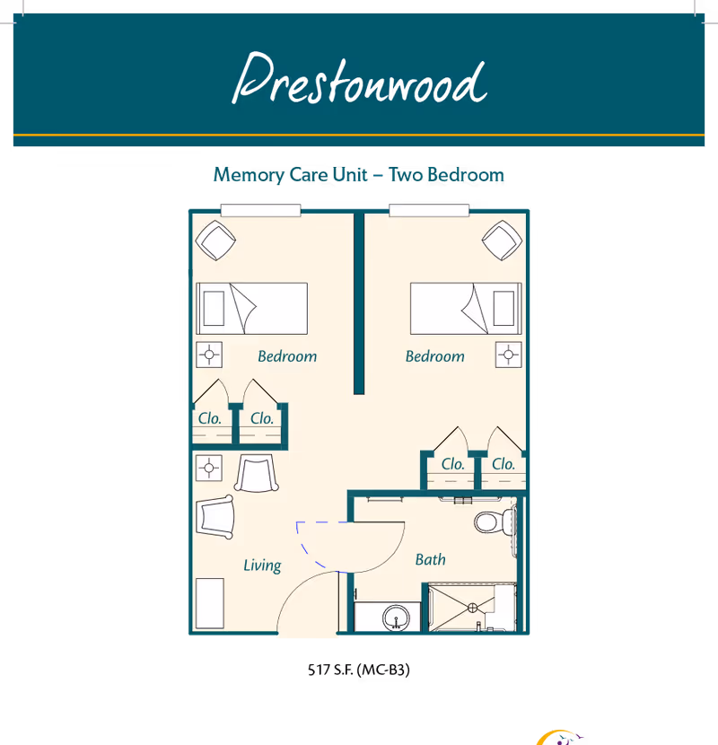 Floor plan of a memory care unit named Prestonwood featuring two bedrooms, each with a bed, nightstand, chair, and closet. The unit also includes a living area with two chairs and a small table, and a bathroom with a sink, toilet, and shower.