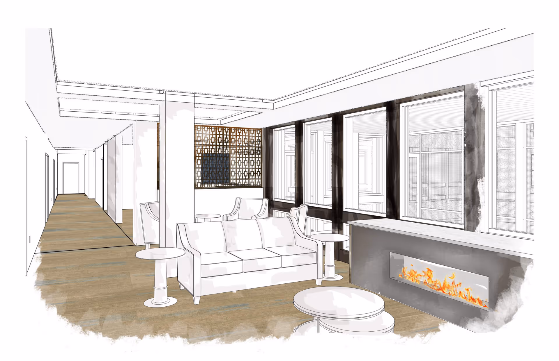 A modern interior lounge area with a white sofa, round side tables, and a long rectangular fireplace with visible flames. Large windows line one wall, allowing natural light to enter. The floor is wooden, and there is a decorative partition with a geometric pattern near the back. A hallway extends to the left with multiple doors.