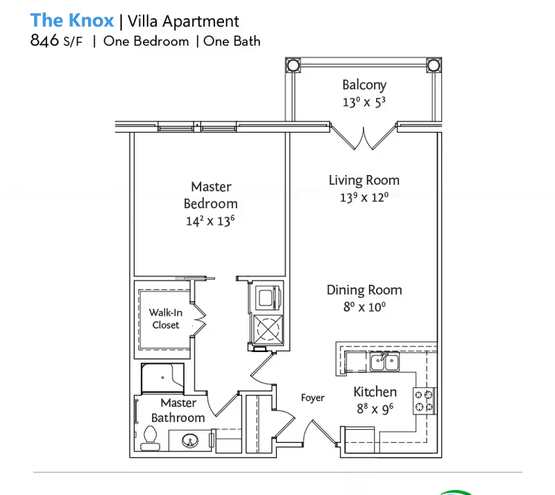 Floor plan layout titled The Knox showing a master bedroom with walk-in closet and master bathroom, living room, dining room, kitchen, foyer, and balcony with dimensions.