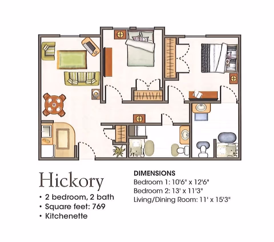 Floor plan of a two-bedroom, two-bath apartment named Hickory at St Josephs Village, showing a kitchenette, living/dining room, two bedrooms, and two bathrooms with dimensions provided.