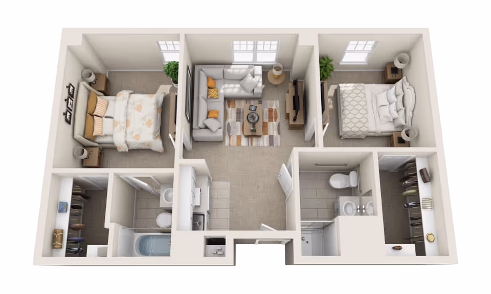 3D floor plan of a two-bedroom apartment featuring two bedrooms with beds and nightstands, a central living room with a sectional sofa, coffee table, and TV, two bathrooms with toilets and sinks, a kitchen area with appliances, and two walk-in closets.