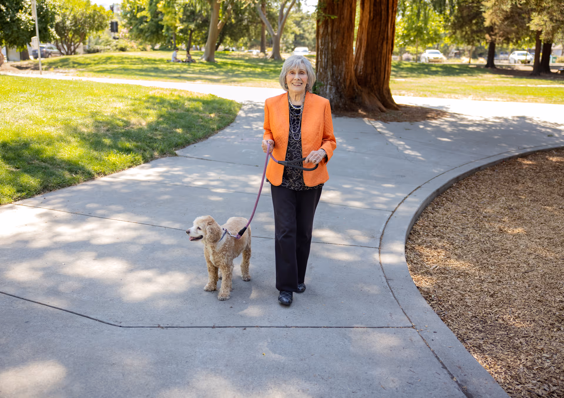 An elderly woman wearing an orange jacket and black pants is walking a small dog on a leash along a curved concrete path in a park with green grass and large trees.