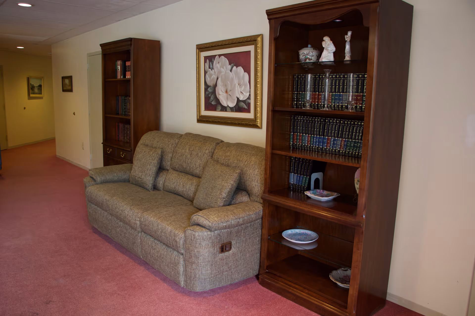 A hallway with pink carpet featuring a beige sofa with two cushions, flanked by two wooden bookshelves filled with books and decorative items. A framed painting of white flowers hangs on the wall above the sofa. The hallway extends into the background with additional framed artwork on the walls.