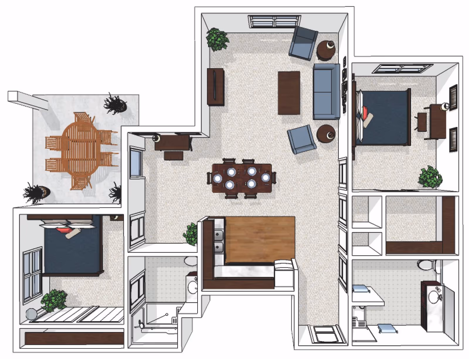 Top-down view of a senior living apartment floor plan featuring two bedrooms, a living room with seating and a TV, a dining area with a table set for six, a kitchen with appliances and counter space, two bathrooms, and an outdoor patio with a table and chairs surrounded by plants.