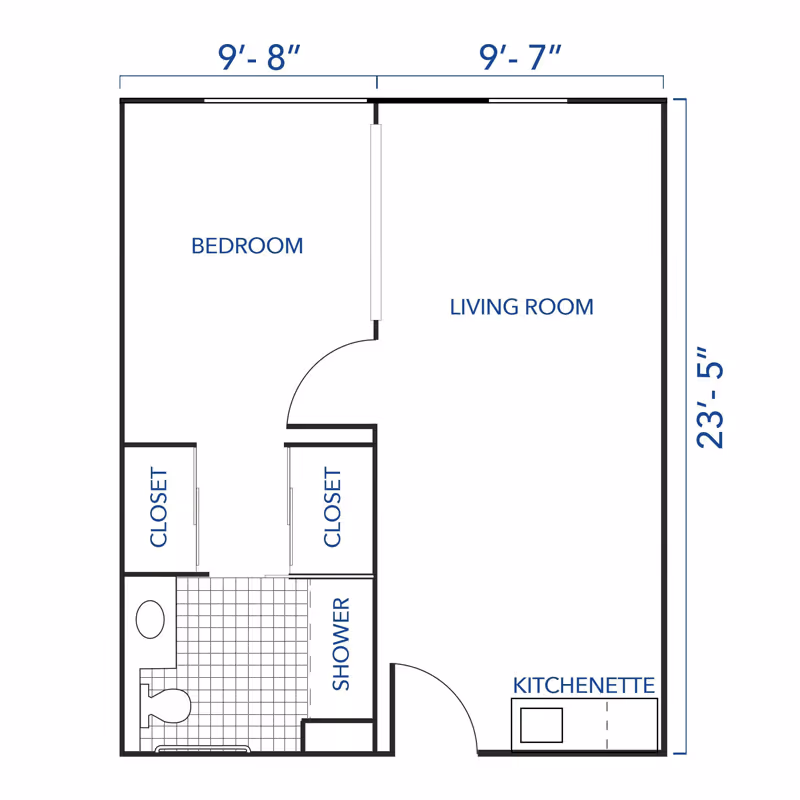 Floor plan of a senior living unit at Carlton Senior Living San Leandro showing a bedroom, living room, kitchenette, bathroom with shower, and two closets. Dimensions are marked along the edges.