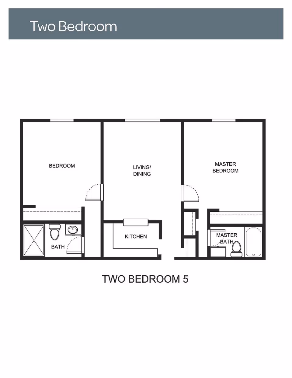 Floor plan layout of a two-bedroom apartment with labeled rooms including a bedroom, master bedroom, living/dining area, kitchen, bath, and master bath.