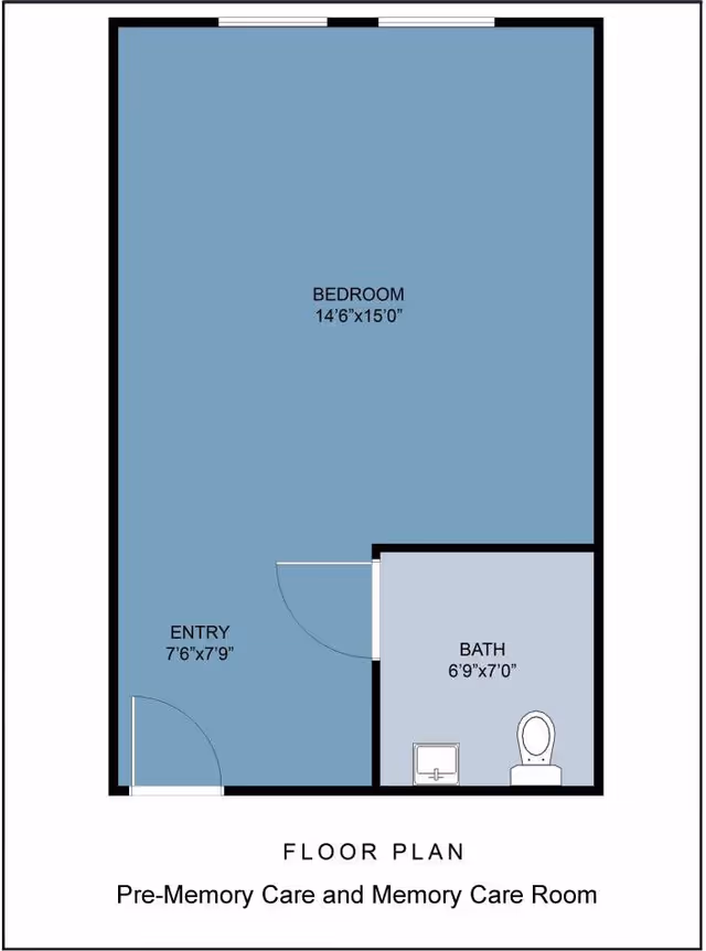 Floor plan of a Pre-Memory Care/Memory Care room showing a large bedroom, an entry area, and an attached bathroom with dimensions.