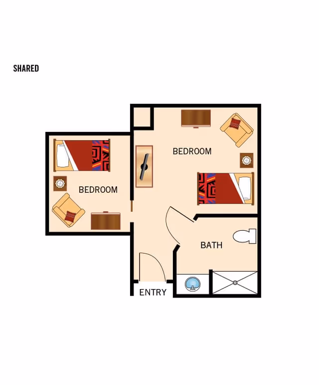 Floor plan of a shared living space at Jaidon Manor assisted living, showing two bedrooms, a bathroom, and an entry area. Each bedroom contains a bed, a chair, and a small table. The bathroom includes a toilet, sink, and shower.