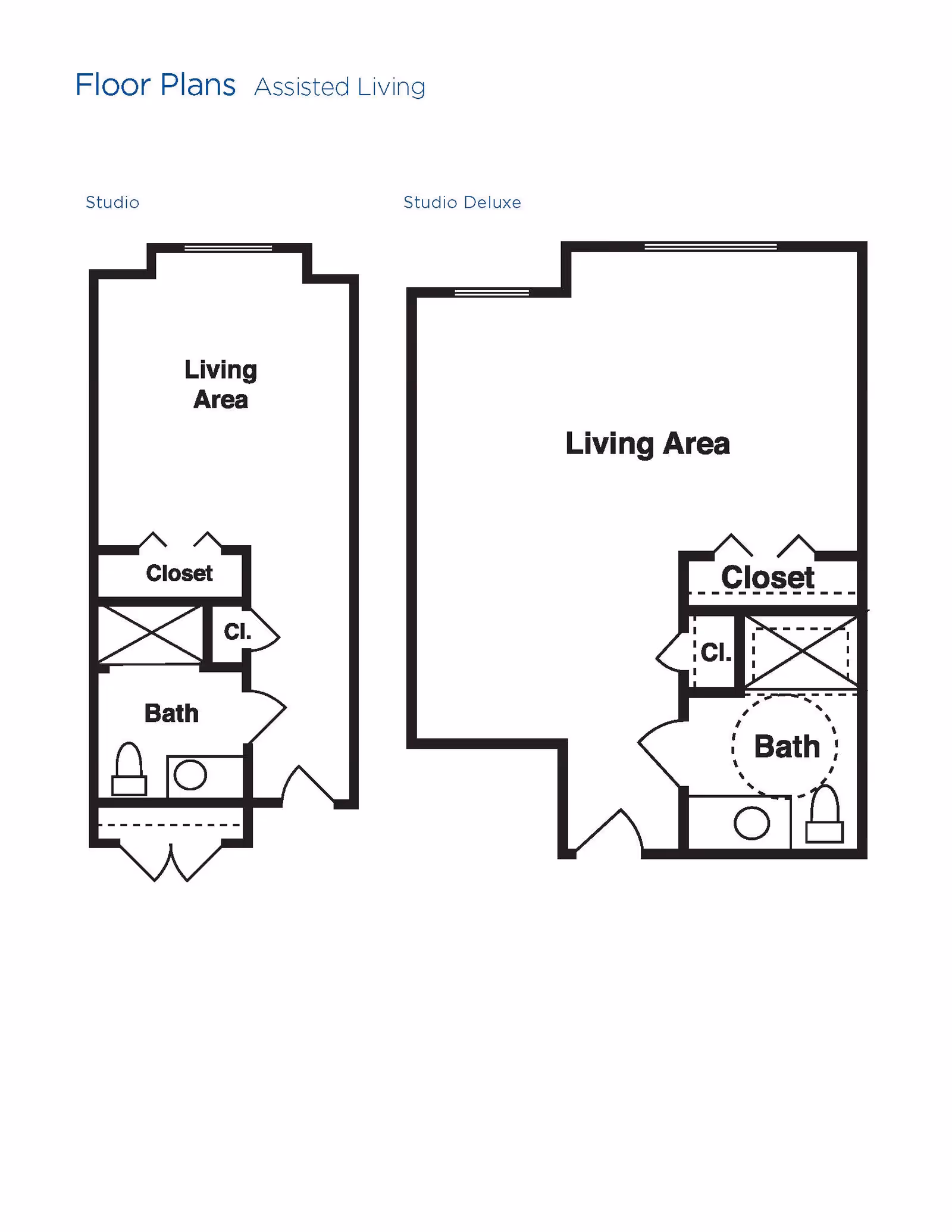 Floor plans for assisted living studio and studio deluxe units at Brookdale The Heights, showing layout of living area, closet, and bathroom.