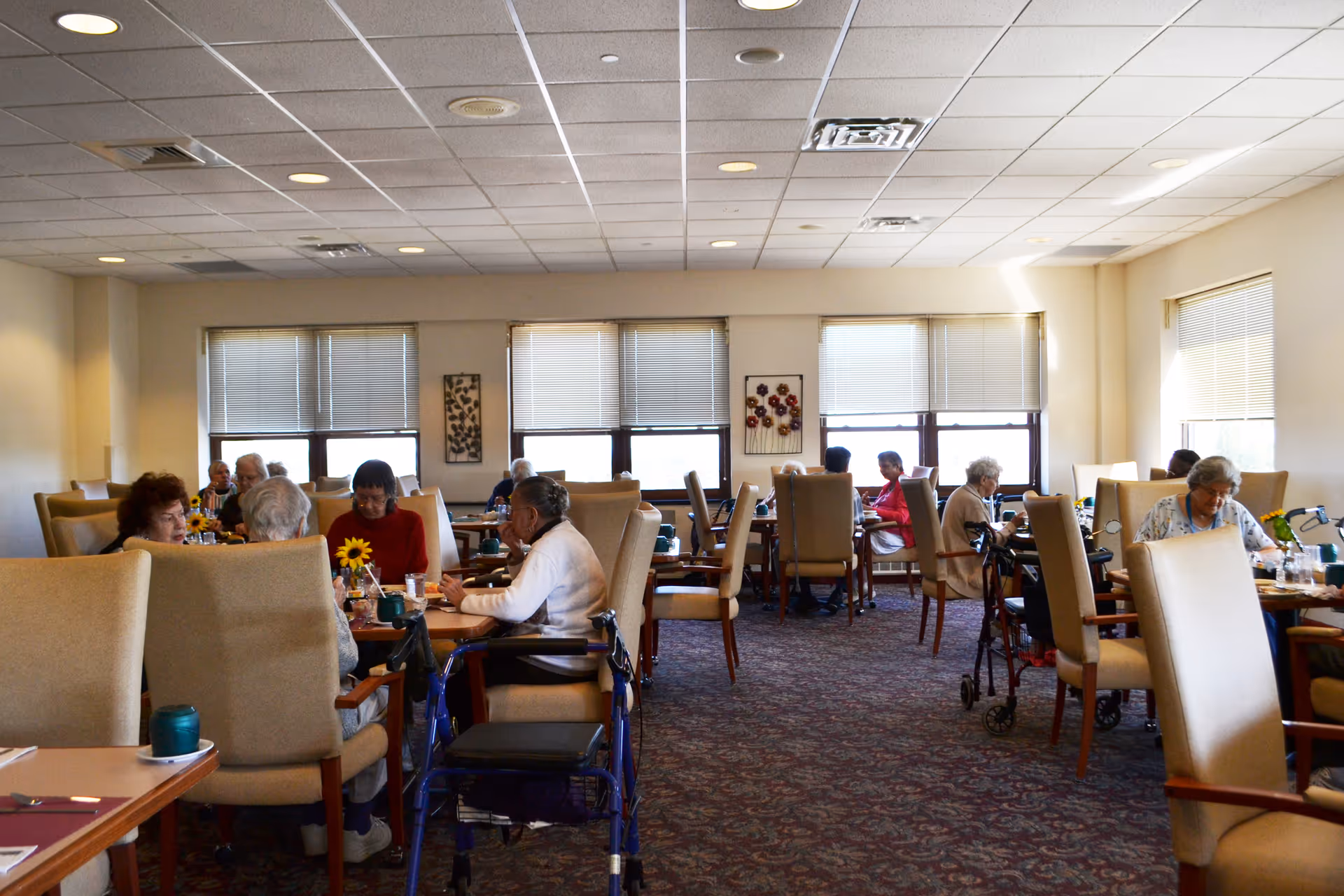 A dining room in an assisted living facility with several elderly residents seated at tables, eating and conversing. The room has large windows with blinds, beige walls, and carpeted floors. Some walkers are visible near the tables.