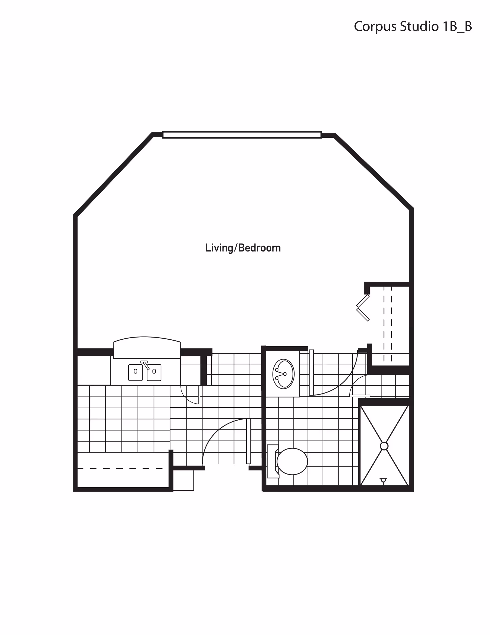Floor plan layout of a studio apartment labeled Corpus Studio 1B_B, showing a combined living and bedroom area, a kitchen with a sink, and a bathroom with a toilet, sink, and shower.