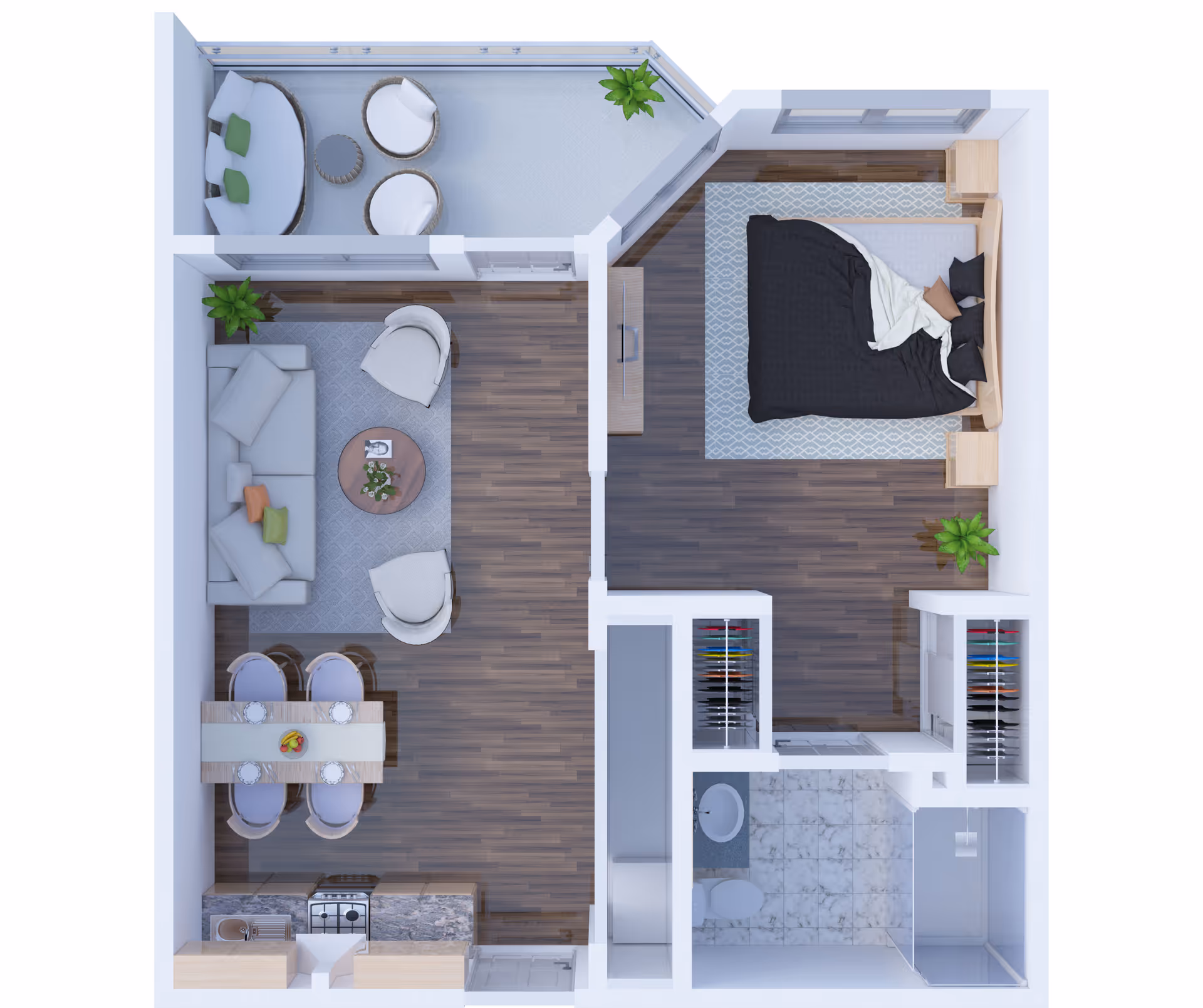 Top-down view of a one-bedroom apartment floor plan featuring a bedroom with a bed and nightstands, a living room with a sofa and chairs, a dining area with a table and chairs, a kitchen with appliances, a bathroom with a shower, and a small balcony with seating and plants.