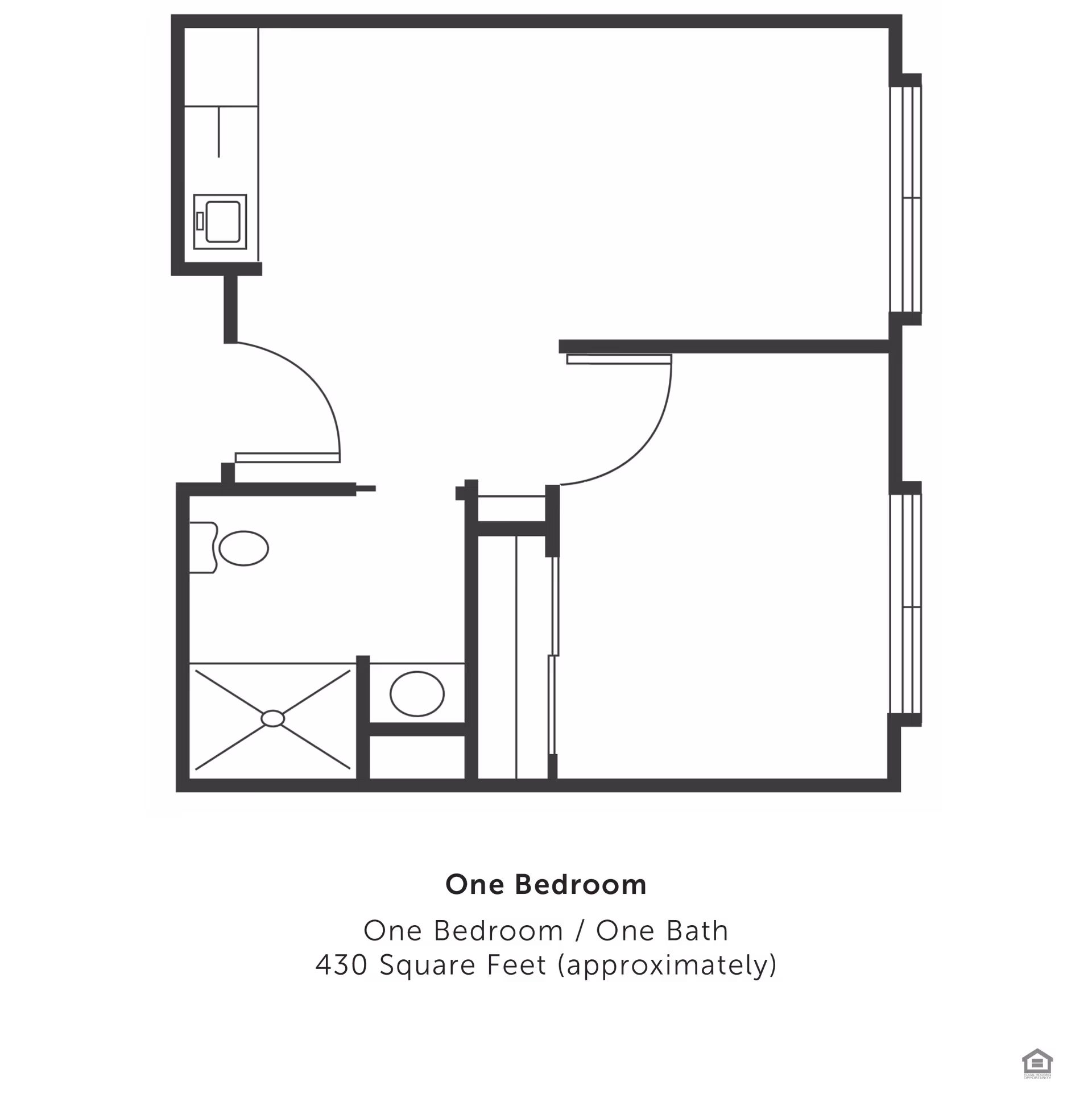 Floor plan of a one-bedroom, one-bath apartment approximately 430 square feet, showing layout with a bedroom, bathroom, kitchen area, and living space.