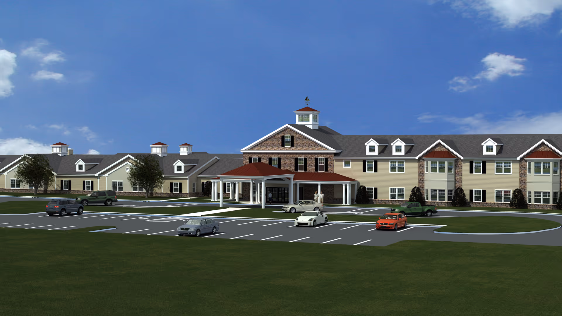 Front exterior of a large two-story senior living building with a porte-cochère, parking lot, and several cars under a blue sky.