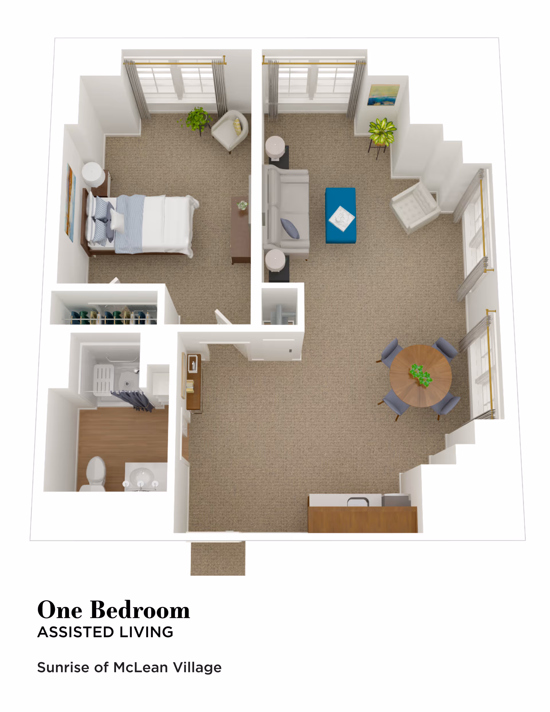 3D floor plan of a one-bedroom assisted living apartment at Sunrise of McLean Village, showing a bedroom with a bed, nightstand, and chair; a living room with a sofa, armchair, ottoman, side tables, and a round dining table with four chairs; a kitchen area; and a bathroom with a shower, toilet, and sink.
