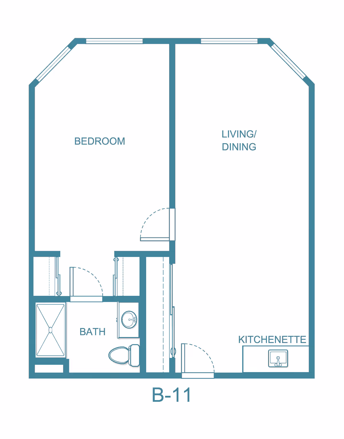 Floor plan layout of a senior living unit labeled B-11, showing a bedroom, bath, living/dining area, and kitchenette.