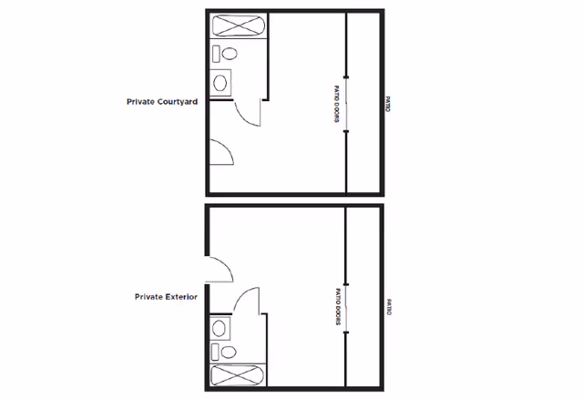 Architectural floor plan showing two layouts labeled Private Courtyard and Private Exterior, each with a bathroom and patio area accessible through patio doors.