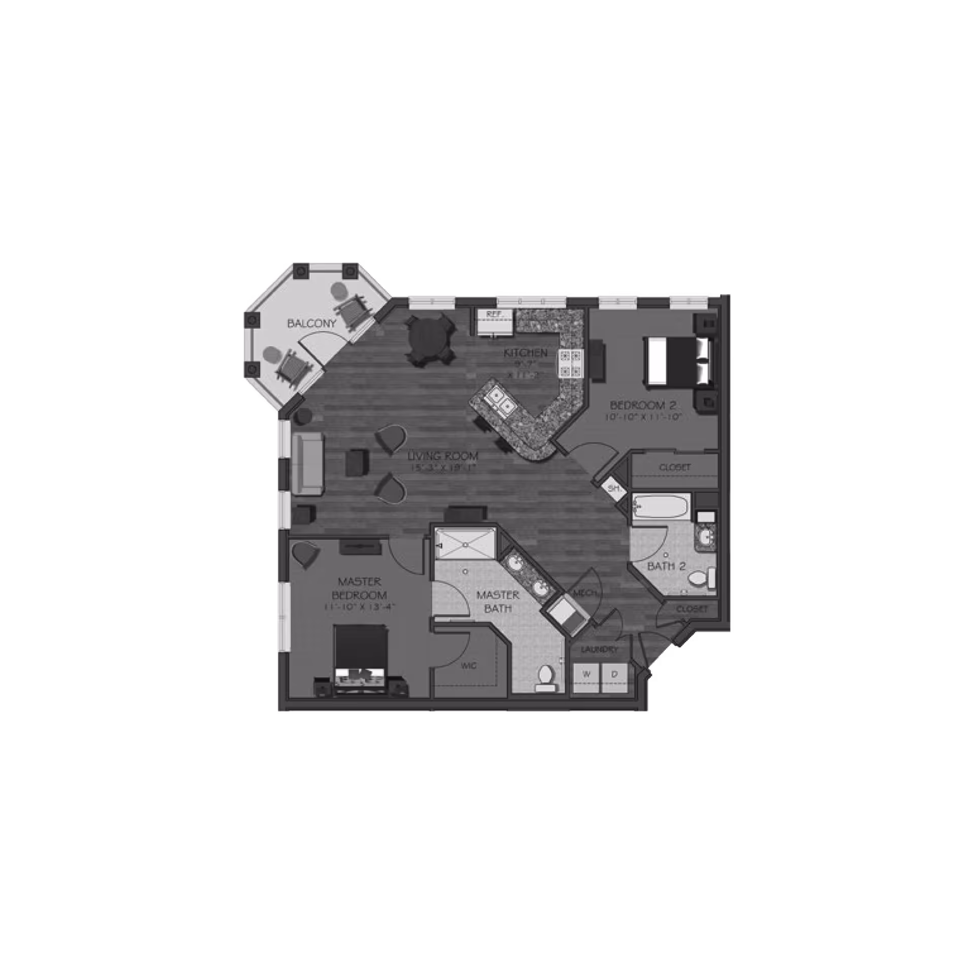 Architectural floor plan of a senior living apartment at Sumter Senior Living, showing a layout with a master bedroom, master bath, second bedroom, second bath, kitchen, living room, balcony, laundry area, and closets.