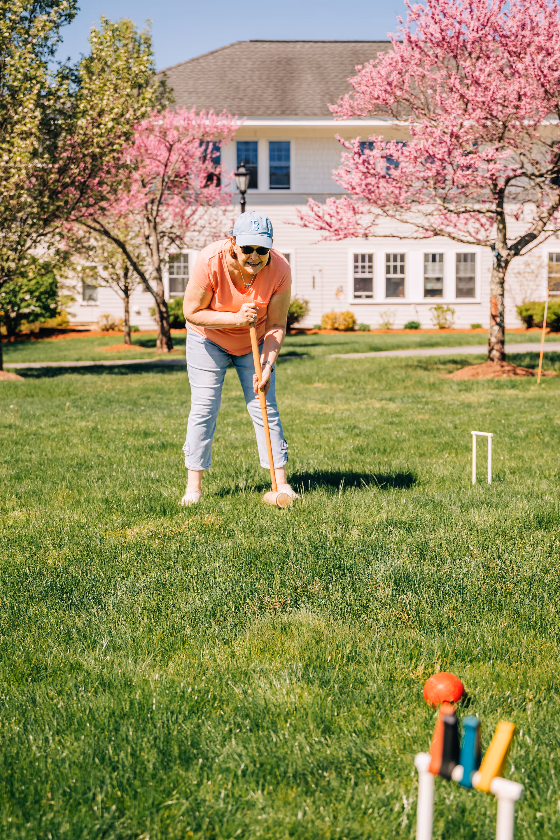 A person plays croquet on a green lawn in front of a residential building with pink flowering trees.