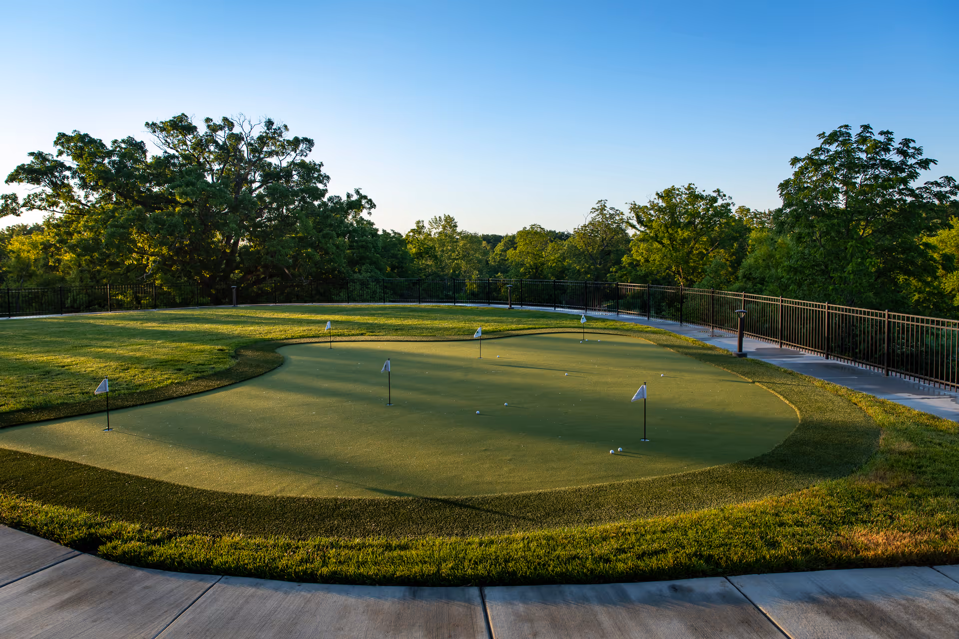 A putting green with several small flags and golf balls, surrounded by a concrete walkway and green grass, with trees and a clear blue sky in the background.