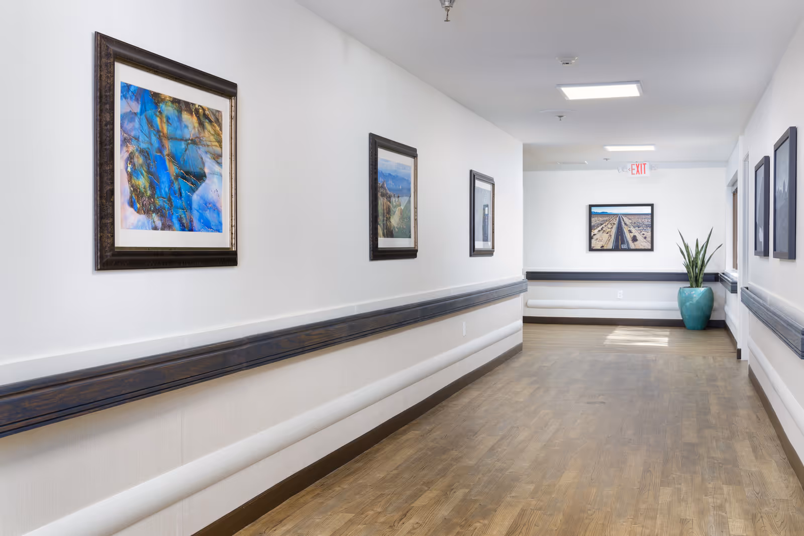 Bright, wide interior hallway with framed artwork, handrails and a potted plant at the far end.