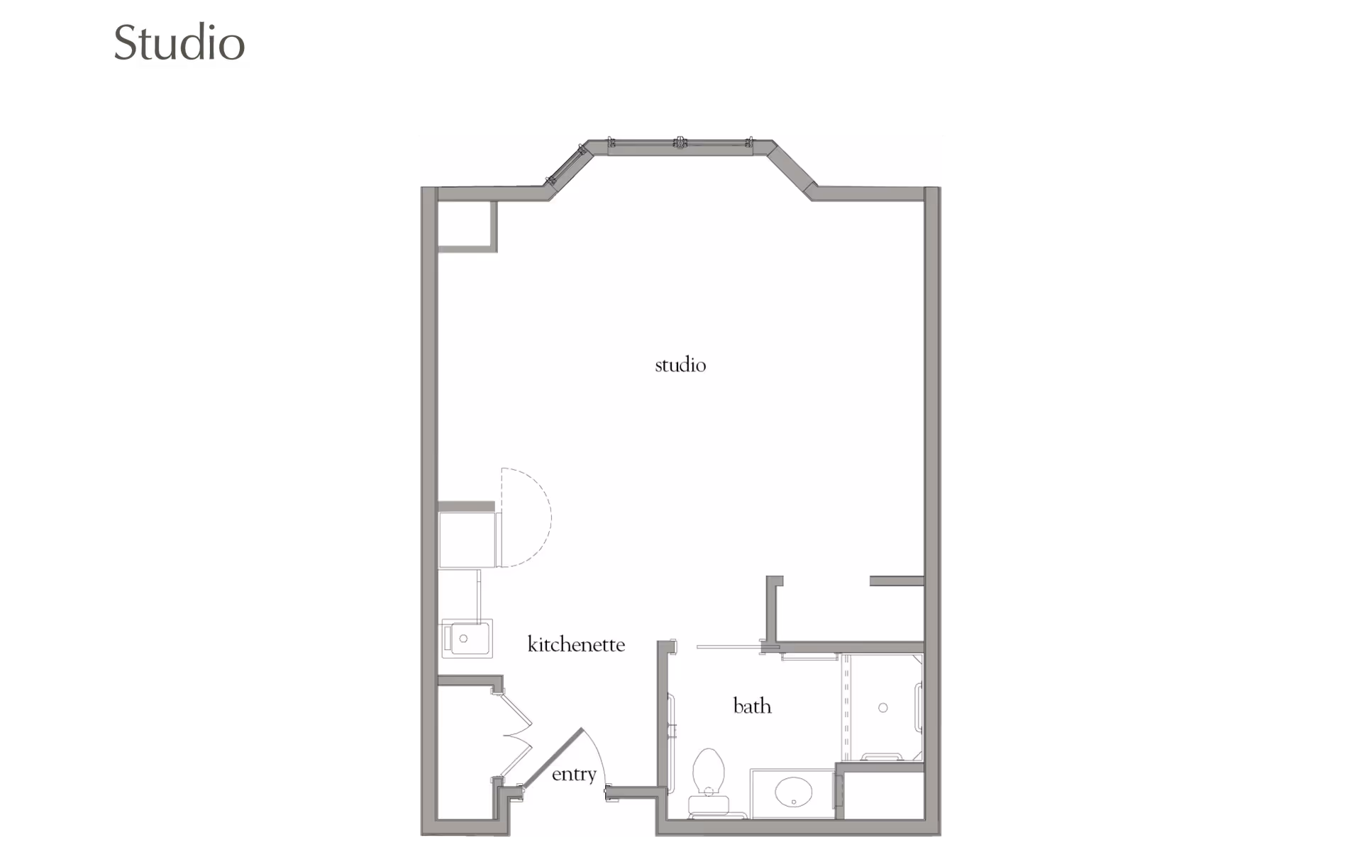 Floor plan of a studio apartment at Atria Woodbriar Park showing an entry area, kitchenette, main studio living space, and a bathroom with a toilet, sink, and shower.
