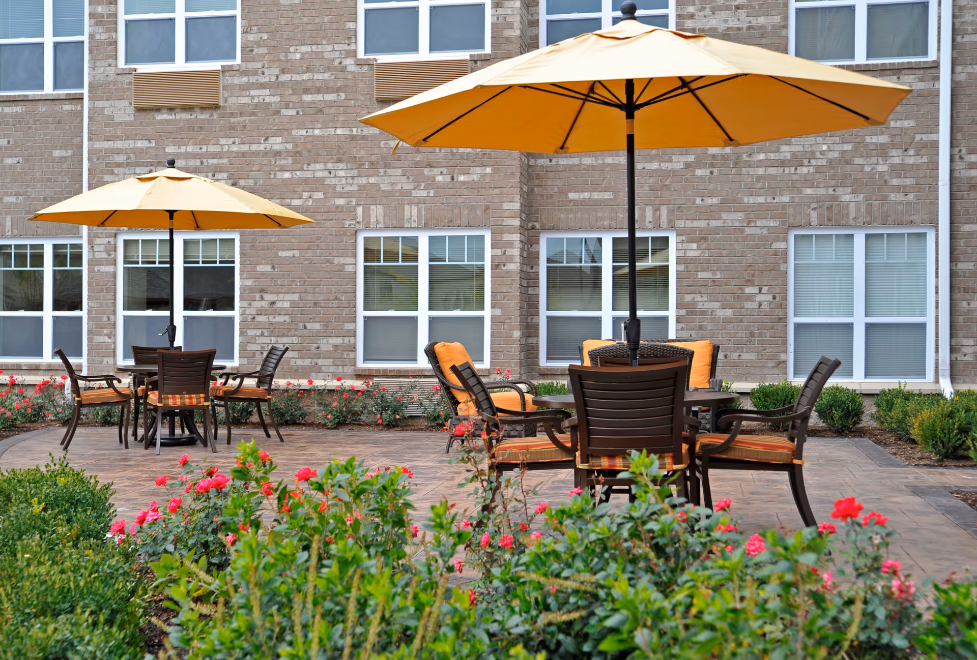 Outdoor patio area with two round tables, each surrounded by chairs with orange cushions and shaded by large yellow umbrellas. The patio is paved and bordered by green bushes and blooming red flowers, with a brick building and multiple windows in the background.