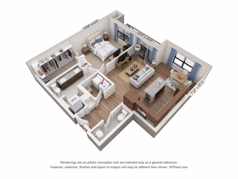 3D floor plan of a one-bedroom apartment featuring a bedroom with a bed and nightstands, a bathroom with double sinks and a toilet, a living room with a sofa and TV, a kitchen with an island and dining area, and a laundry closet with washer and dryer.