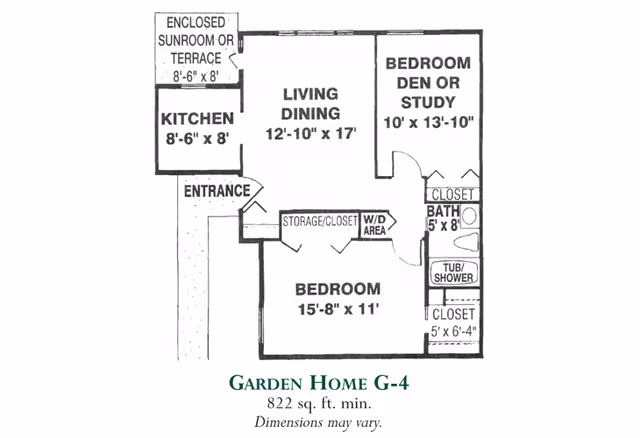 Black-and-white floor plan labeled "Garden Home G-4" showing a living/dining area, two bedrooms (one den/study), kitchen with enclosed sunroom, bathroom, closets and entry with room dimensions.